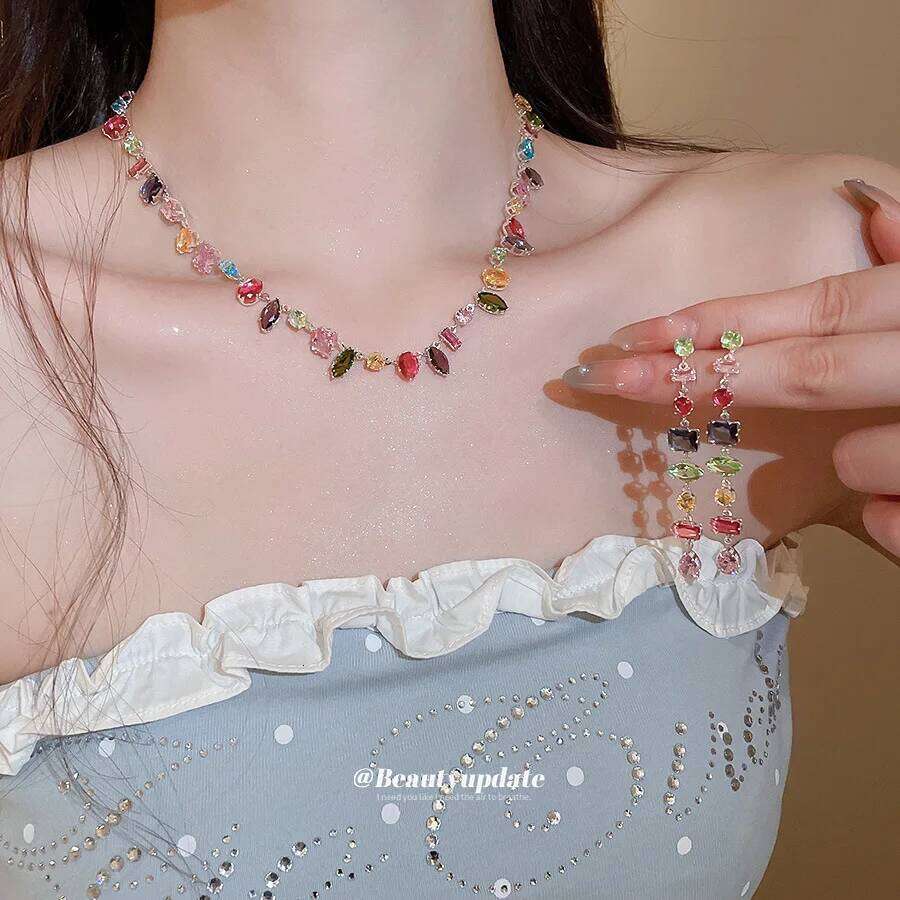 Jewelry Set Plated Luxury Colourful Crystal Zircon Necklace For Women Fashion Party Jewelry Accessories Ladies Jewellery Gifts Visionice