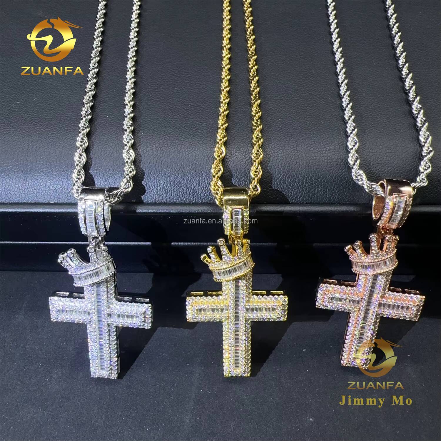 Bulk Stock Hot Selling Popular Trendy Fashion Jewelry Hip Hop S925 VVS1 Baguette Moissanite Diamond Cross Crown Bail Pendant