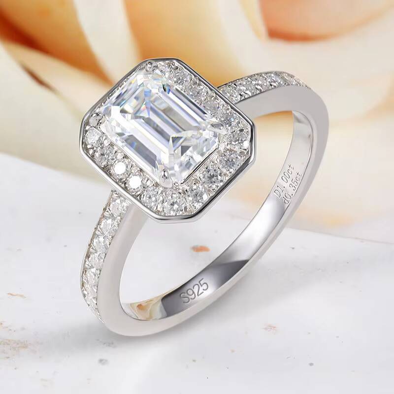 135 Ct Emerald Cut Halo Moissanite Ring S925 Silver Platinum Plated Fine Womens Fashion Jewelry