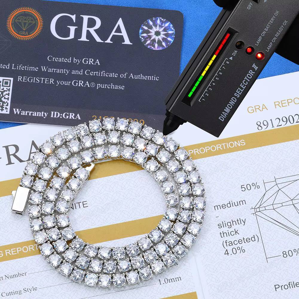 925 Sterling Silver Luxury Hip Hop Classic Tennis Chain VVS Moissanite GRA Certified Necklace for Men and Women Fine Jewelry