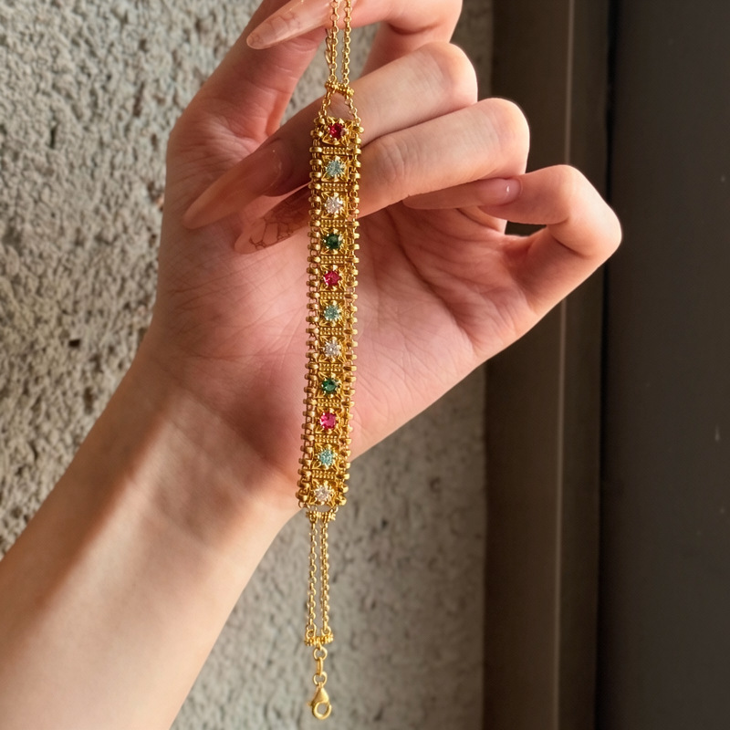 Ancient Style Multi-Treasure Bracelet Featuring Colorful Gemstone Watch Chain & Square Double-Layer Diamond Jewelry - view 5