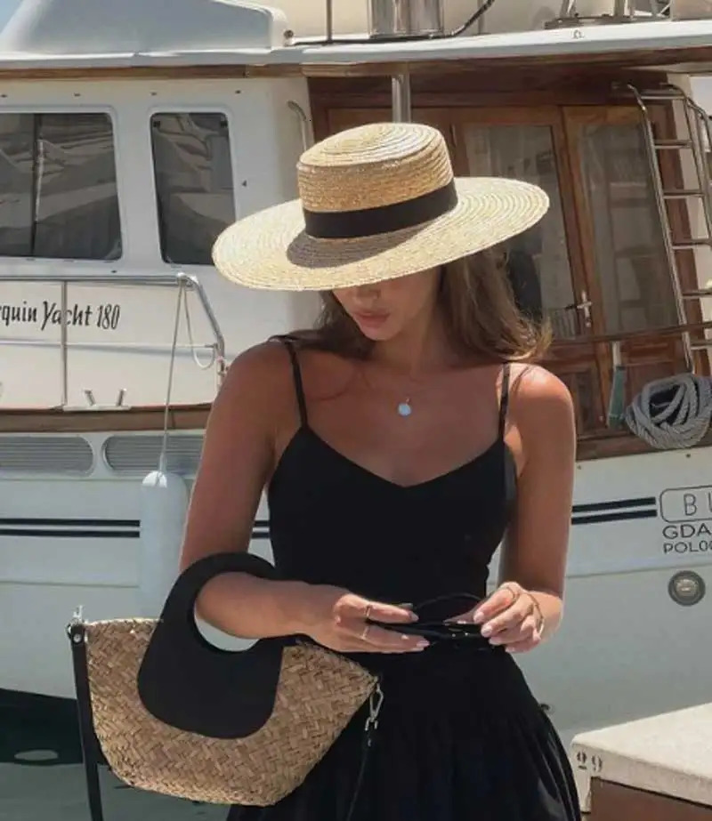 Boater Straw Hat wide brim French elegant square ribbon womens sun hat holiday straw hat 260327