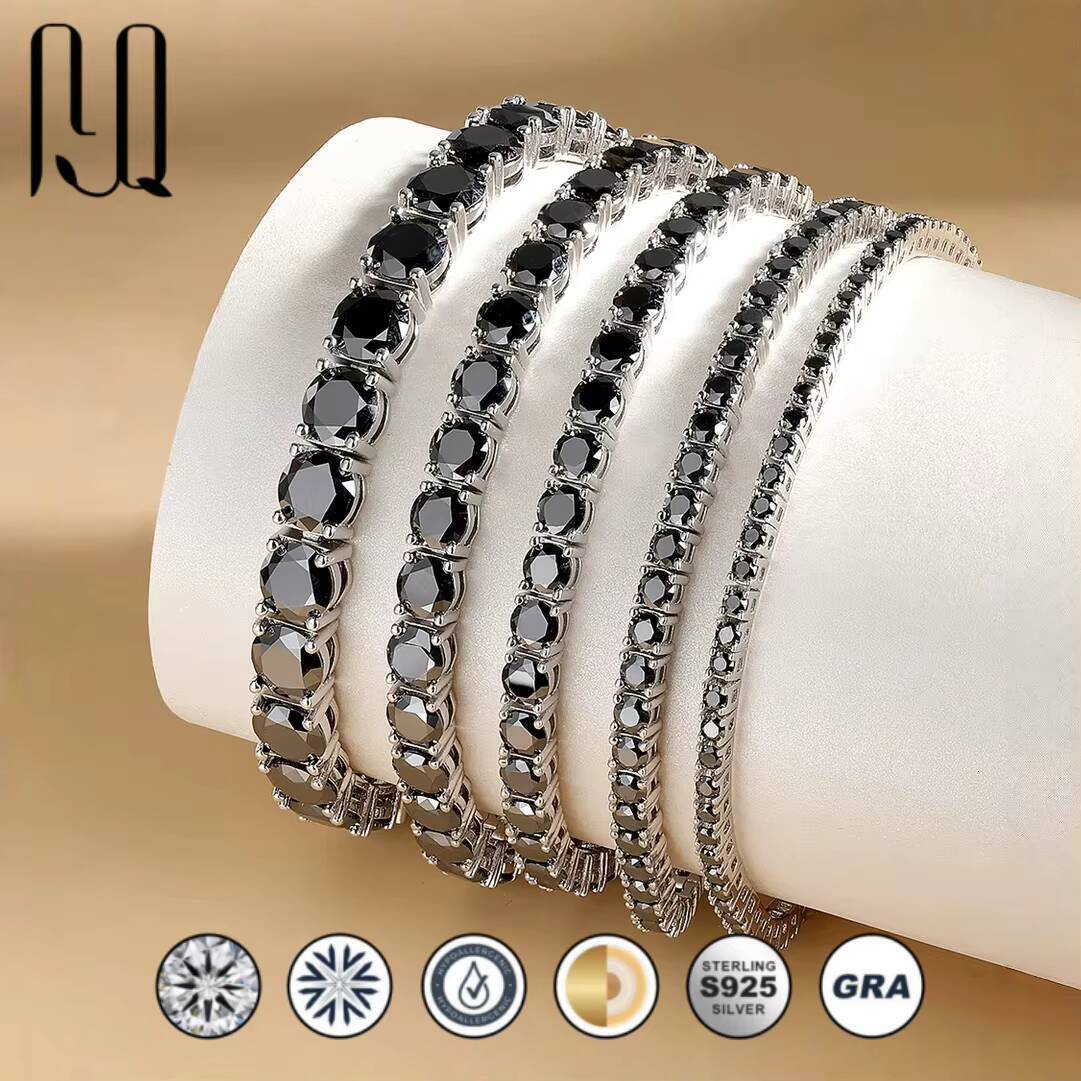 PYQ Custom Fine Jewelry 3/4/5/65mm VVS Moissanite Tennis Chain Bracelets 925 Sterling Silver Black Moissanite Tennis Bracelet
