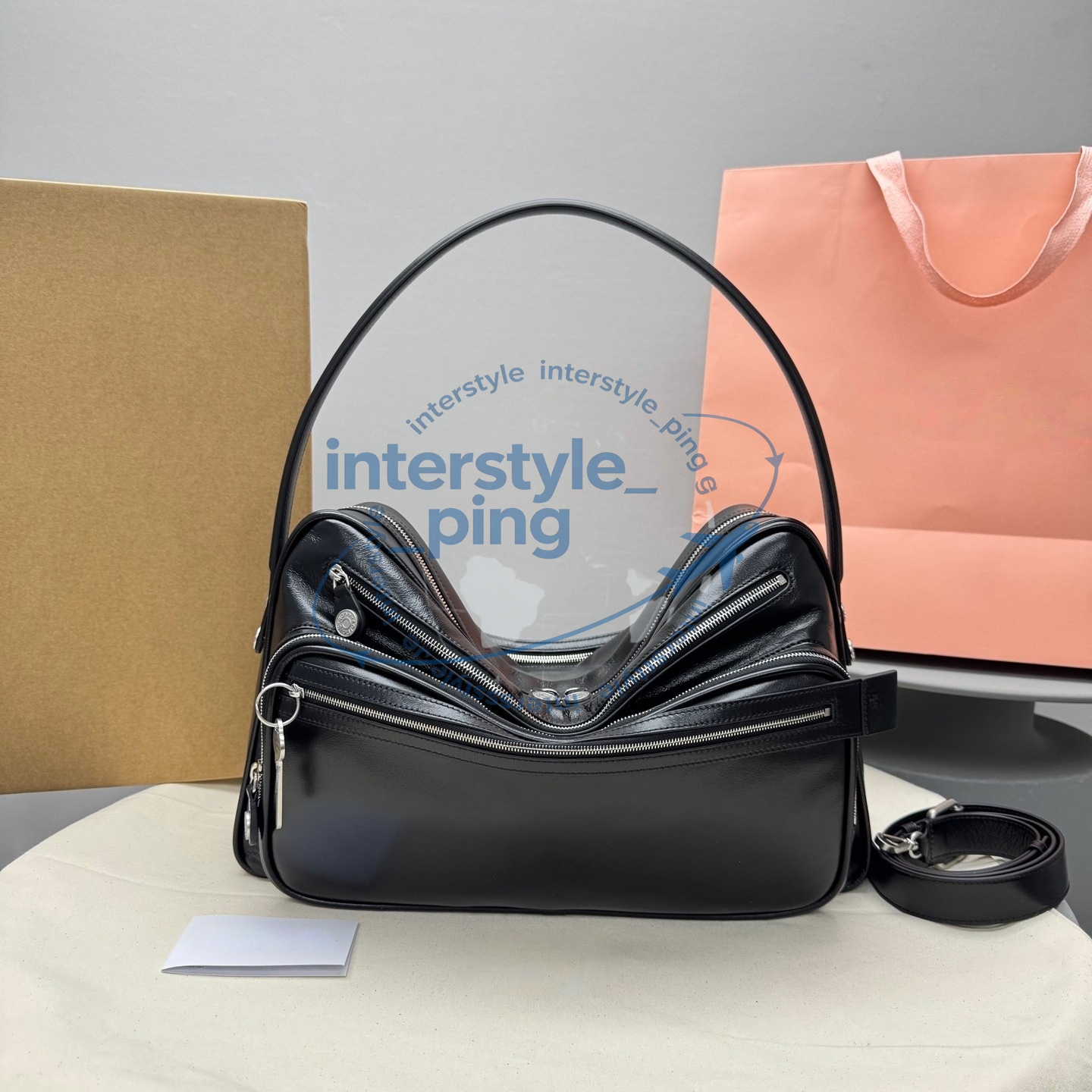 designer bag Unisex Multi-Pocket Curved Shoulder Bag, Premium Black Leather Crossbody Bag, Y2K Style Casual Handbag for Men and Women, Daily Use, Shopping & Travel
