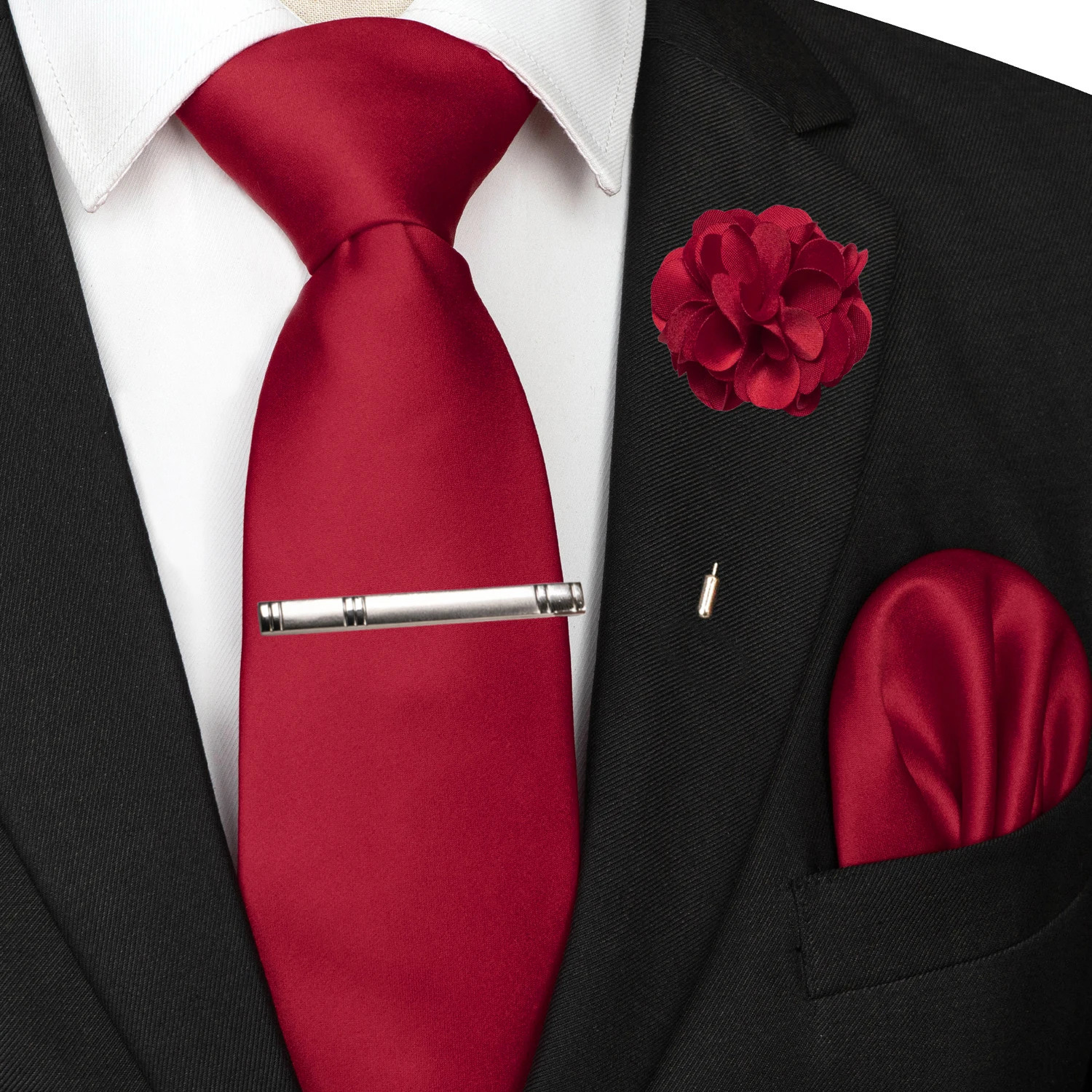 Mens Colors Solid Tie and Lapel Pin Necktie Pocket Square and Tie Clip Sets for Business Casual 4PCS 260403BJ - view 5