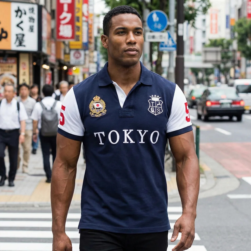 Mens polo shirt Tokyo Japan Royal short sleeve leisure sports party cotton embroidered contrast color original 260402