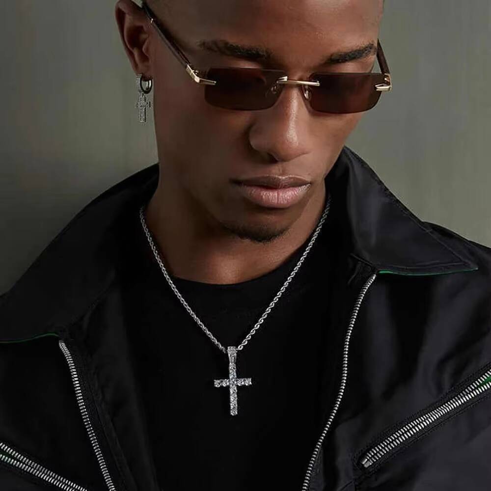 Moissanite Cross Pendant White Gold Tone Iced Out Round Stone Hip Hop Luxury Statement Necklace for Men