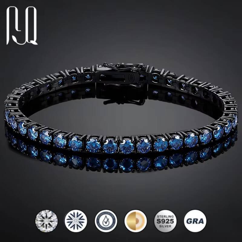 PYQ 3mm 01ct Vvs Royal Blue Moissanite Tennis Chain Hip Hop Jewelry 925 Silver Blue Moissanite Bracelet with Black Gold Plated