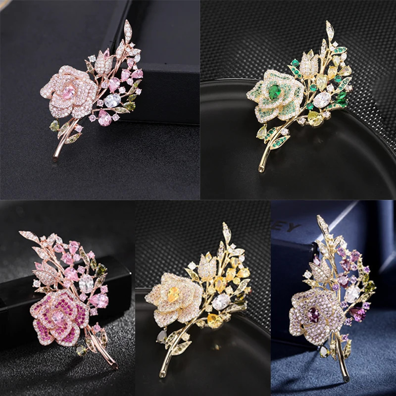 SUYU Luxury Copper Micro Inlaid Cubic Zirconia Rose Womens Brooch Dinner Dress Accessories 260403BJ
