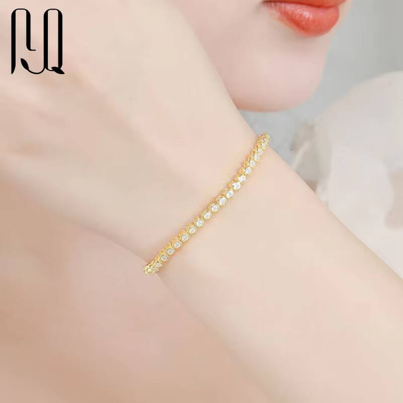 PYQ 2mm Bezel-Set VVS Moissanite Tennis Bracelet Chain with 18K Gold Plated Women 925 Sterling Silver Moissanite Tennis Bracelet