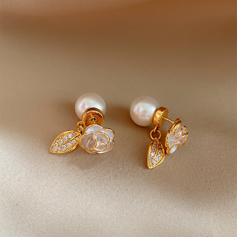 Elegant and stylish camellia pearl zirconia stud earrings for women, versatile design, 2026 new popular ear accessories - view 6