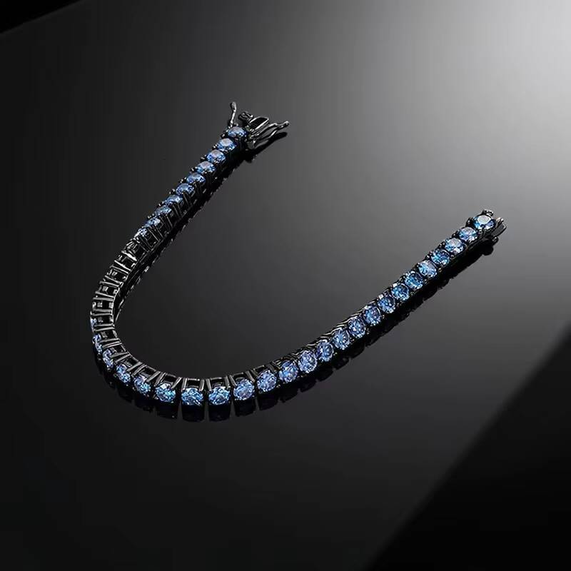 PYQ 3mm 01ct Vvs Royal Blue Moissanite Tennis Chain Hip Hop Jewelry 925 Silver Blue Moissanite Bracelet with Black Gold Plated