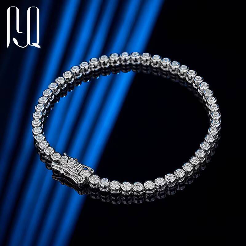 PYQ 2mm Bezel-Set VVS Moissanite Tennis Bracelet Chain with 18K Gold Plated Women 925 Sterling Silver Moissanite Tennis Bracelet
