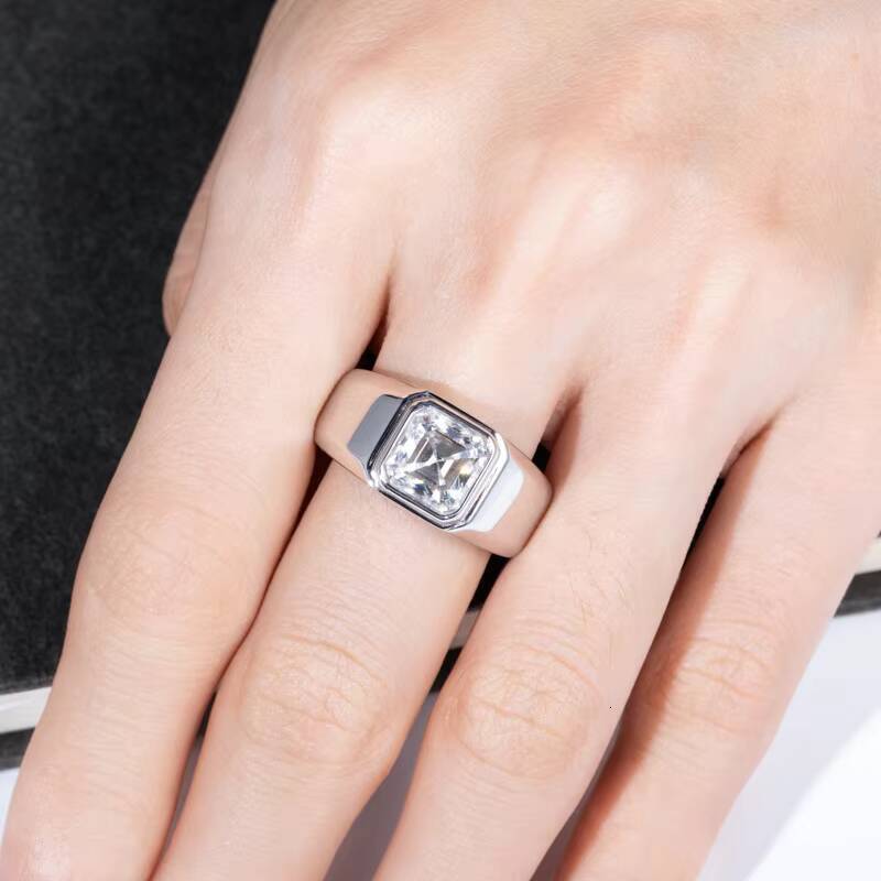 3 Ct Asscher Cut Moissanite Mens Engagement Ring in 925 Sterling Silver Fashion High-End Factory Wholesale