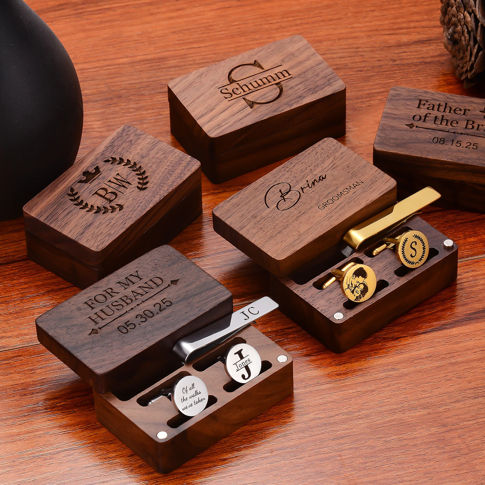 Custom Metal Cufflinks Tie Clip Wooden Box Engraved Gift for Man Dad Groomsmen Business Shirt Personalized Cufflinks Set 260403BJ