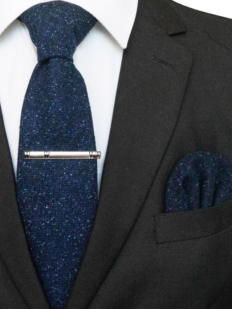 JEMYGINS Solid Color Cashmere Wool Necktie and Pocket Square Tie Clip Sets for Men Daily Cravat Accessory Gift 260403BJ - view 4