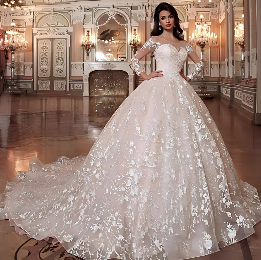 Dubai Arabic Princess A-line Wedding Dresses Sweetheart Elegant Long Transparent Sleeves with Lace Applicants Shiny Bridal Gowns Court Gown Custom Mad