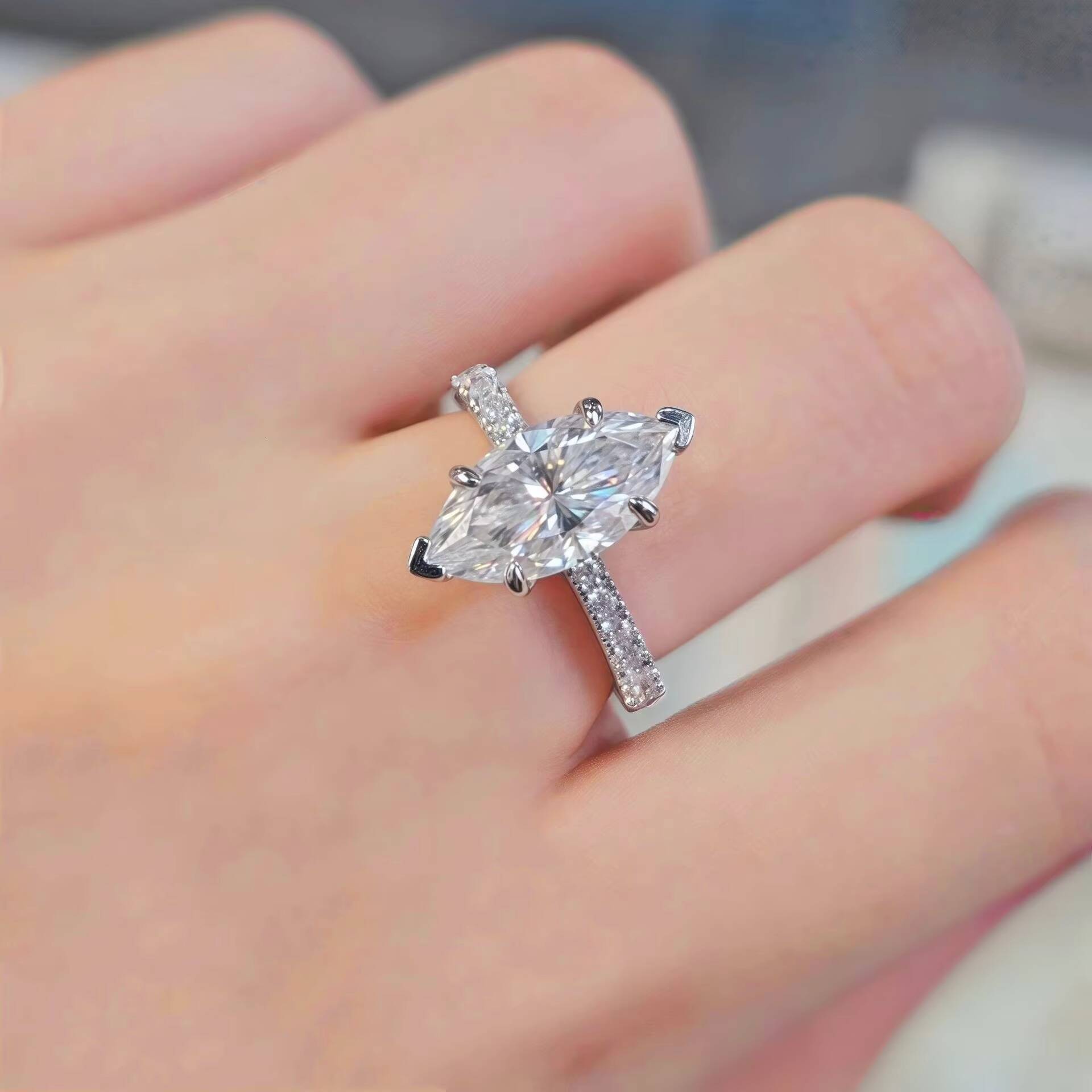 3 Ct Marquise Cut Moissanite Ring 925 Sterling Silver Solid Band Light Luxury High-End Unique Birthday Gift