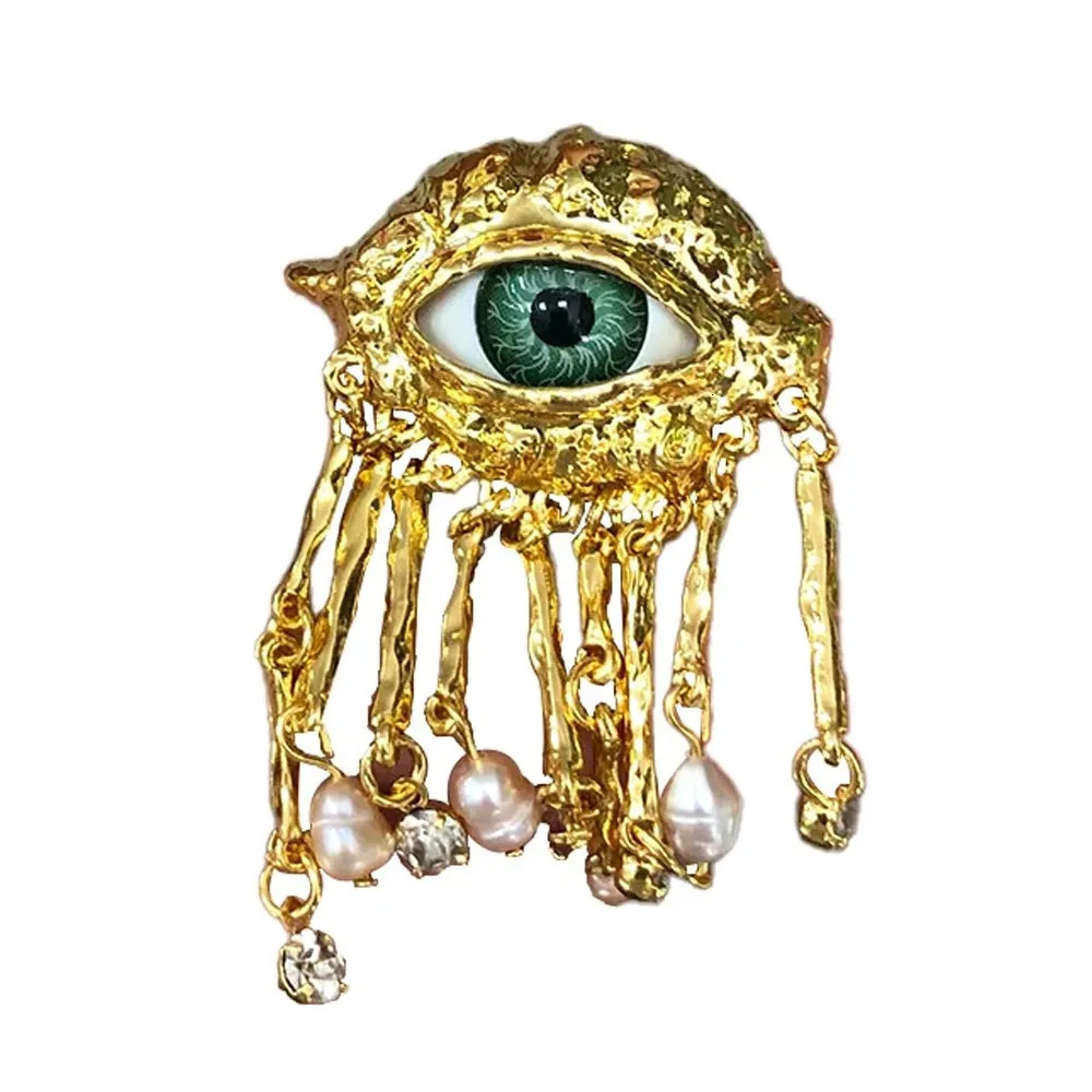 Women Men Vintage Eyes of Demon Brooch Pins Exaggerated Trendy Style Imitated Pearl Delicate Tassels Metal Badge Jewelry 260403BJ - view 6