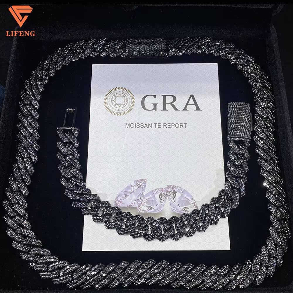 Rapper Jewelry Hip Hop Sterling Silver 8MM 10MM 13MM 15MM Black Moissanite Iced Out Cuban Link Chain