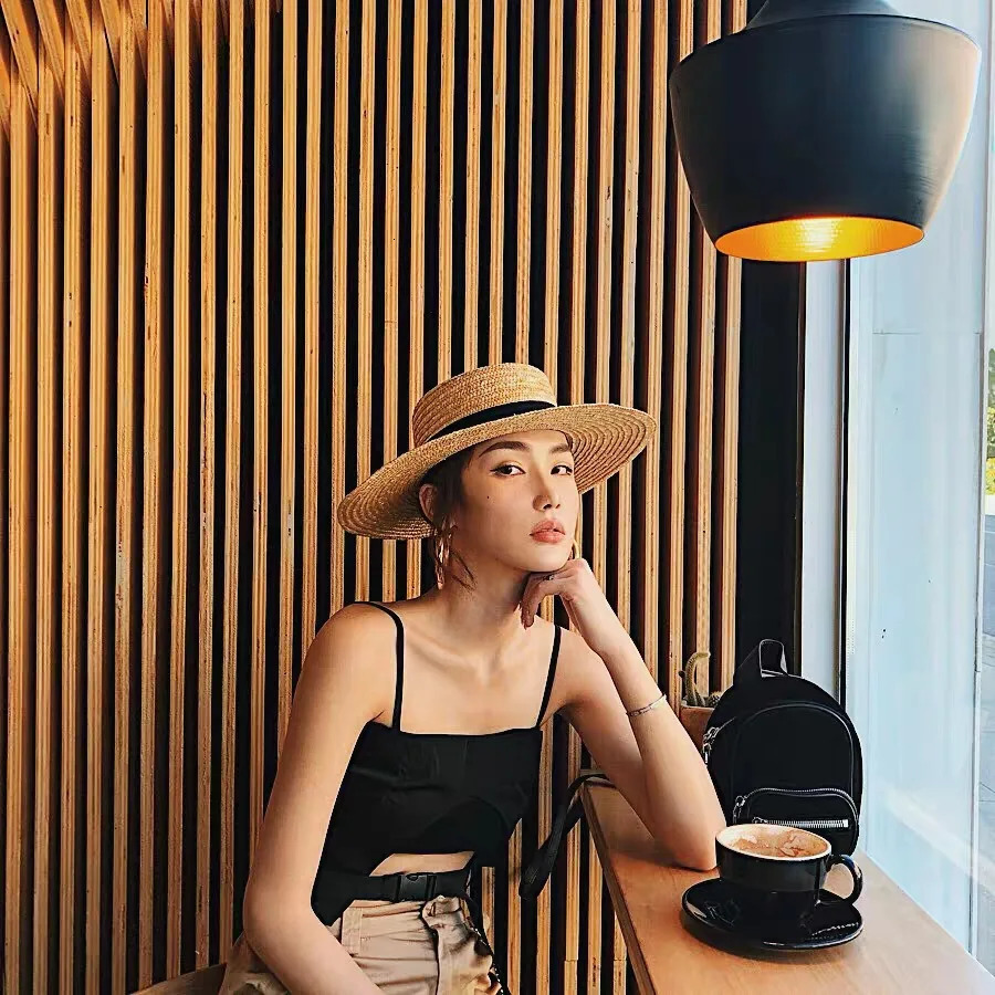 Boater Straw Hat wide brim French elegant square ribbon womens sun hat holiday straw hat 260327
