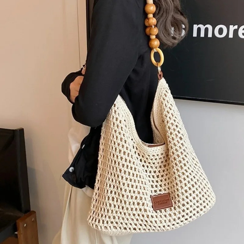 Beach Summer Bag for Women Mesh Woven Shoulder Bag Adjustable Strap Handbag Large Capacity Hobo Bag for Travel Vacation 260330