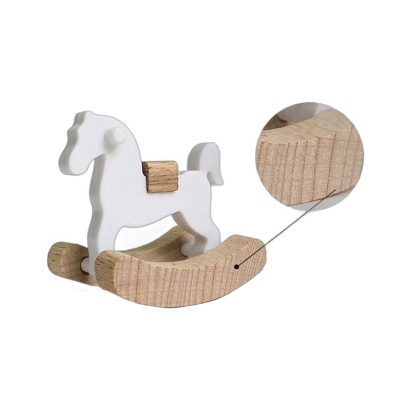 Home Decor Dollhouse Mini Solid Wood Wooden Rocking Horse Classical Furniture Small Cloth Doll House BJD Toys Cute White Color
