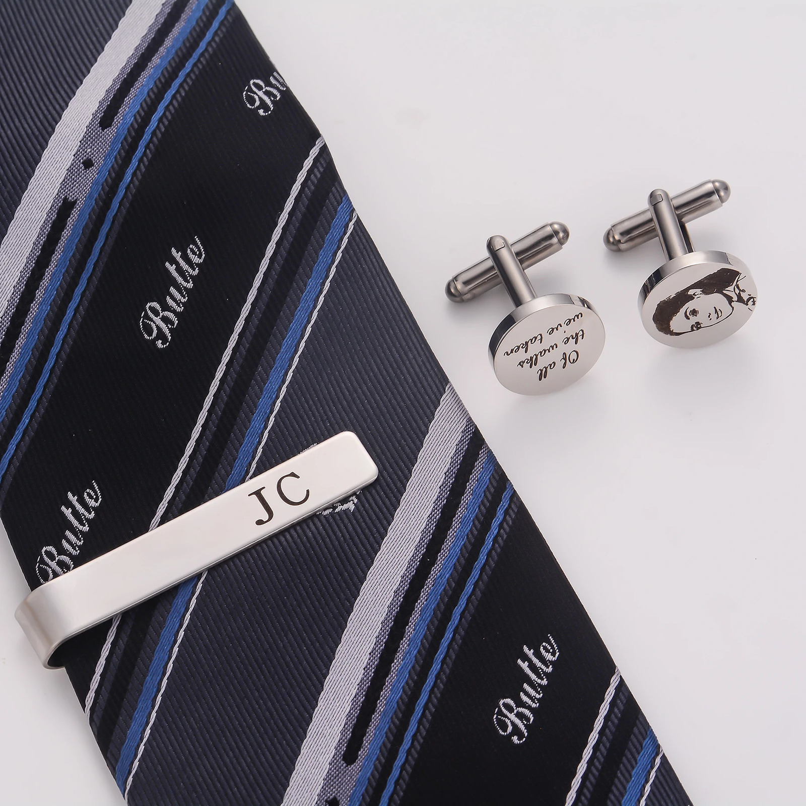 Custom Metal Cufflinks Tie Clip Wooden Box Engraved Gift for Man Dad Groomsmen Business Shirt Personalized Cufflinks Set 260403BJ - view 6