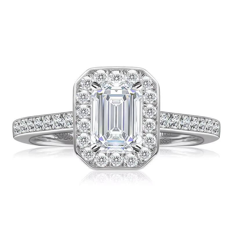 135 Ct Emerald Cut Halo Moissanite Ring S925 Silver Platinum Plated Fine Womens Fashion Jewelry
