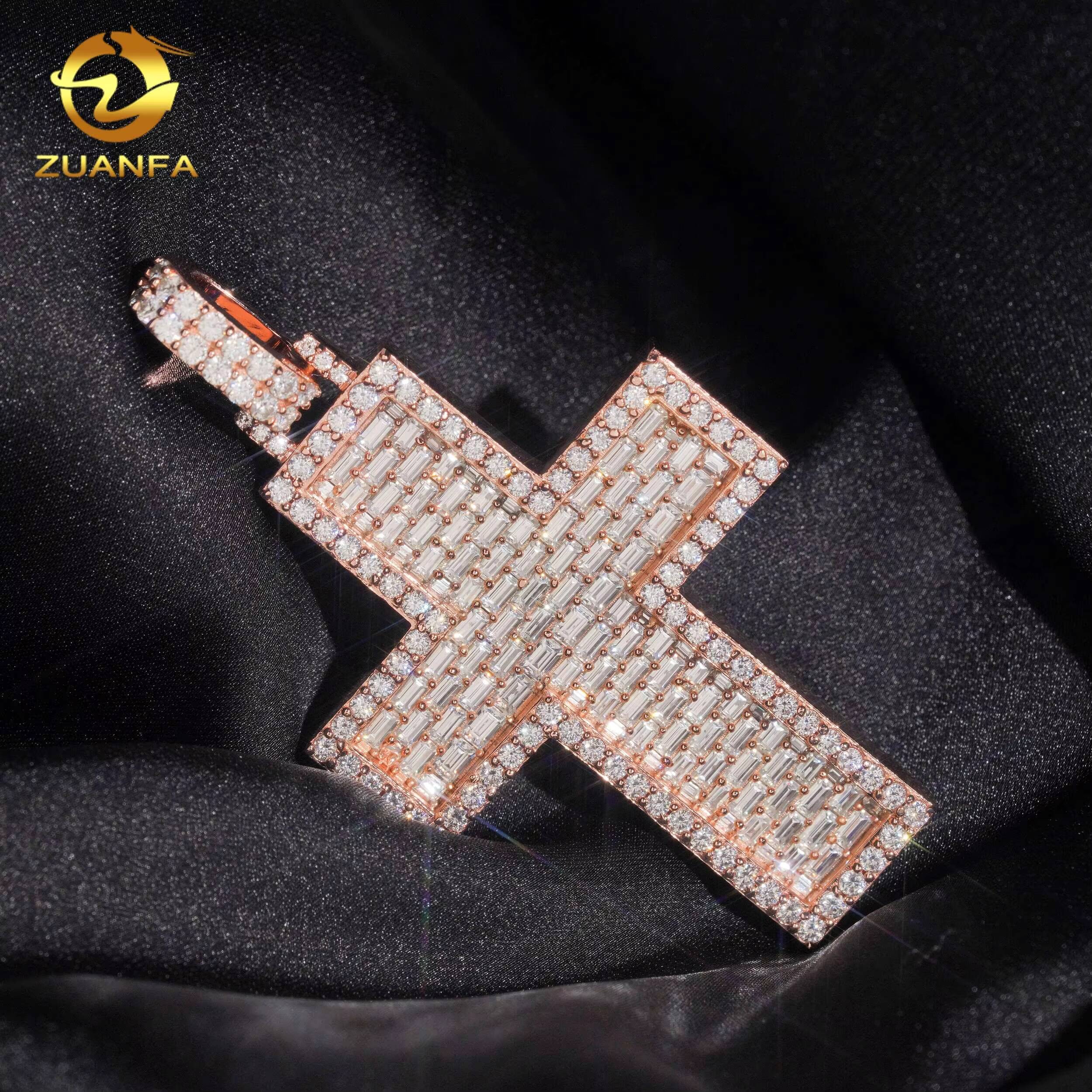 High Quality High Density Micro Paved Moissanite Chain Pendant Cross Custom Hip Hop Pendant Moissanite Religious Jewelry