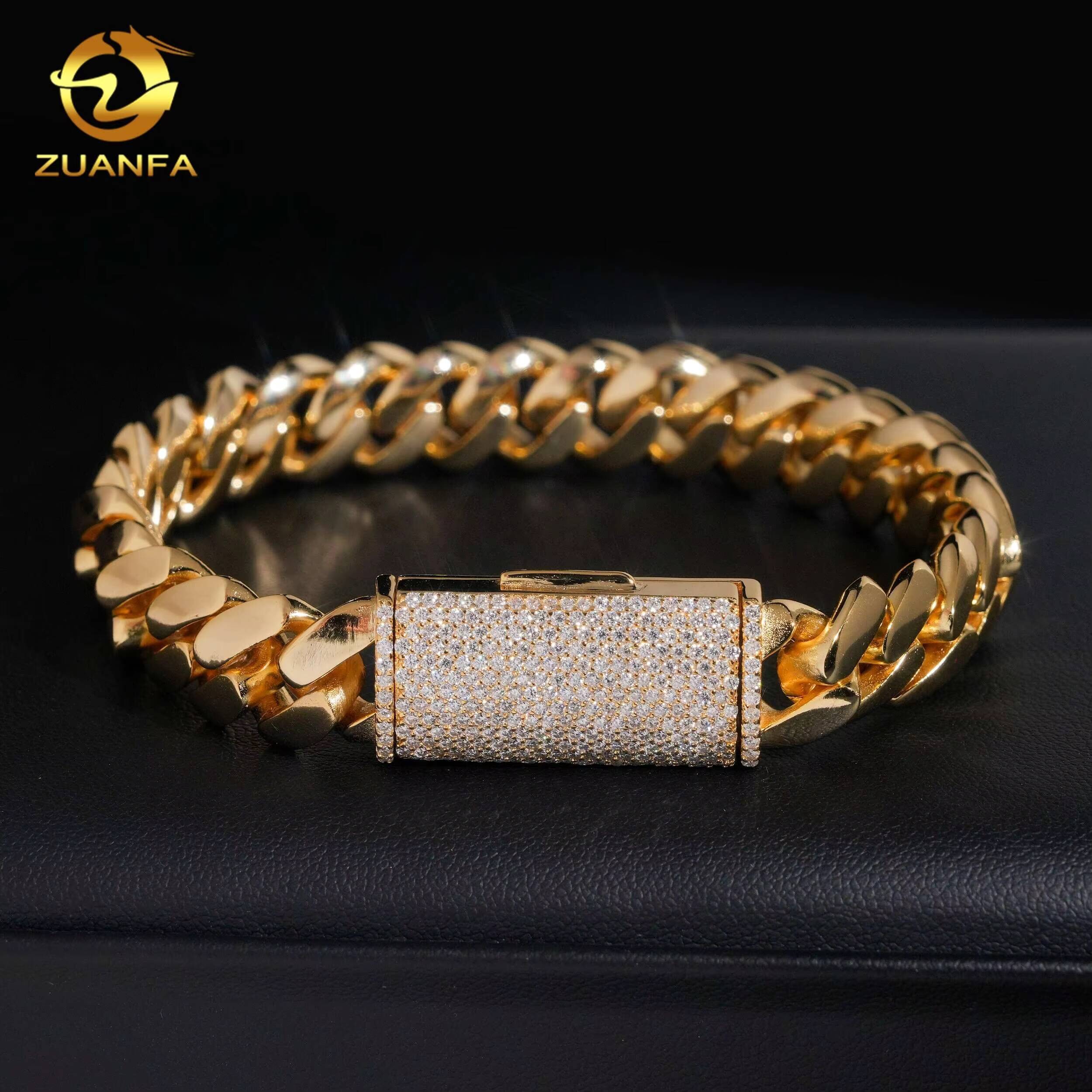 Fine Jewelry Hip Hop Moissanite Clasp Gold Plated 8mm 10mm 12mm Plain Cuban Link Chain Bracelet