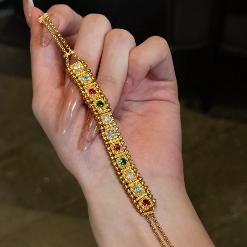Ancient Style Multi-Treasure Bracelet Featuring Colorful Gemstone Watch Chain & Square Double-Layer Diamond Jewelry - view 4