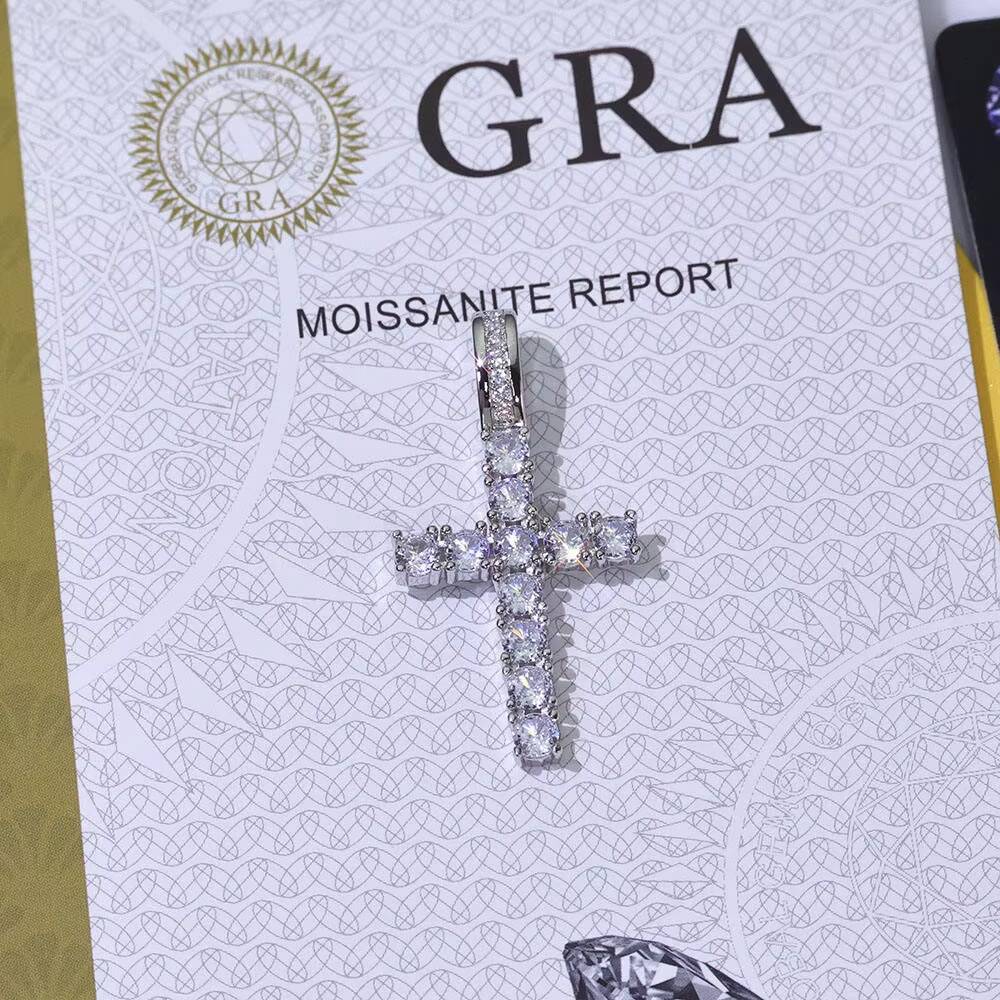 Moissanite Cross Pendant White Gold Tone Iced Out Round Stone Hip Hop Luxury Statement Necklace for Men