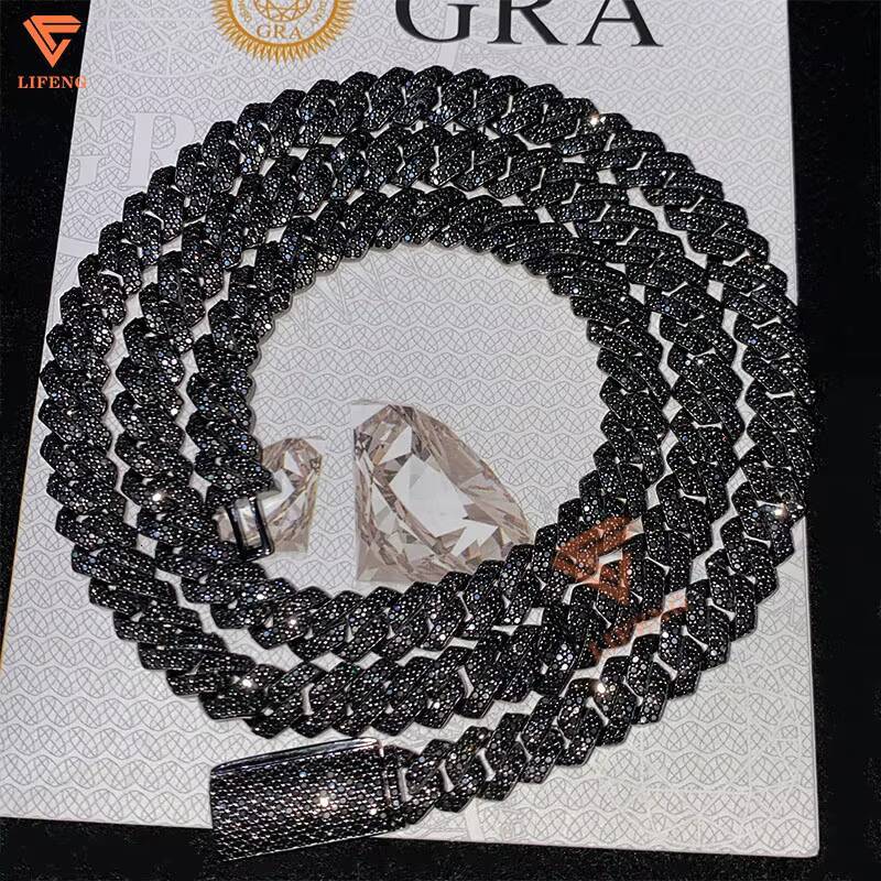 Hip Hop 925 Sterling Silver Mens Cuban Link Chain with VVS Black Moissanite Prong 8MM Iced Fine Jewelry Passed Diamond Tester