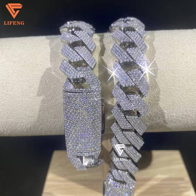 Lifeng Jewelry 15mm 4 Rows Diamond Cuban Link Bracelet Sterling Silver Solid VVS D Moissanite Hiphop Cuban Chain Bracelet