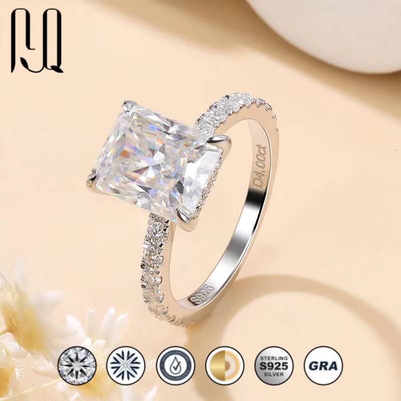 4 Ct Radiant Cut Full Moissanite Ring for Women in S925 Sterling Silver Platinum Plated Factory Direct Dropshipping