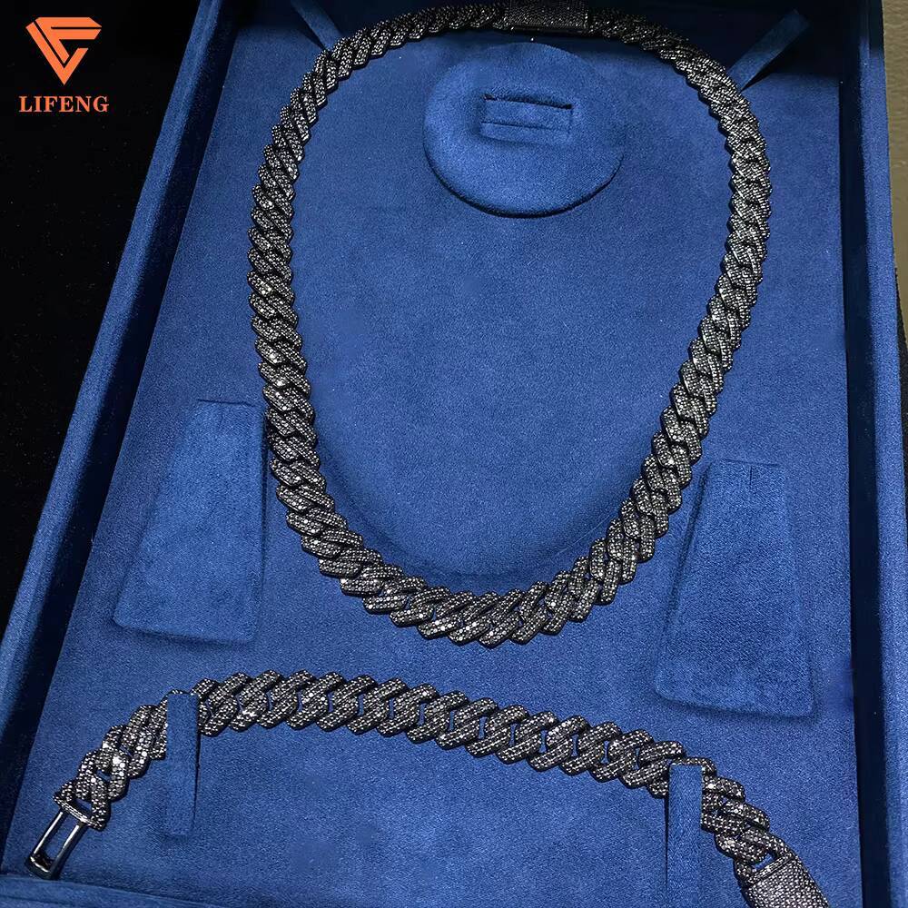 Rapper Jewelry Hip Hop Sterling Silver 8MM 10MM 13MM 15MM Black Moissanite Iced Out Cuban Link Chain