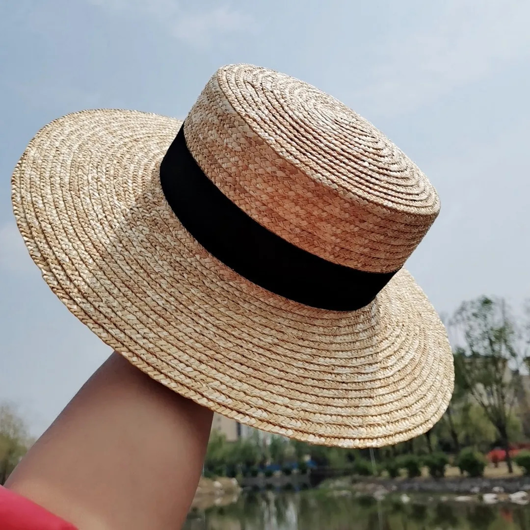 Boater Straw Hat wide brim French elegant square ribbon womens sun hat holiday straw hat 260327