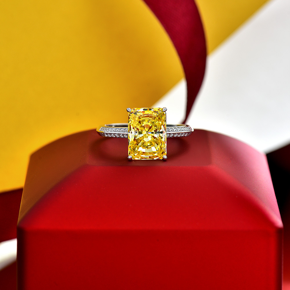Rulalei Genuine 100% 925 Sterling Silver Crushed Ice Cut Citrine High Carbon Diamonds Gemstone Wedding Engagement Ring Fine Jewelry Gift