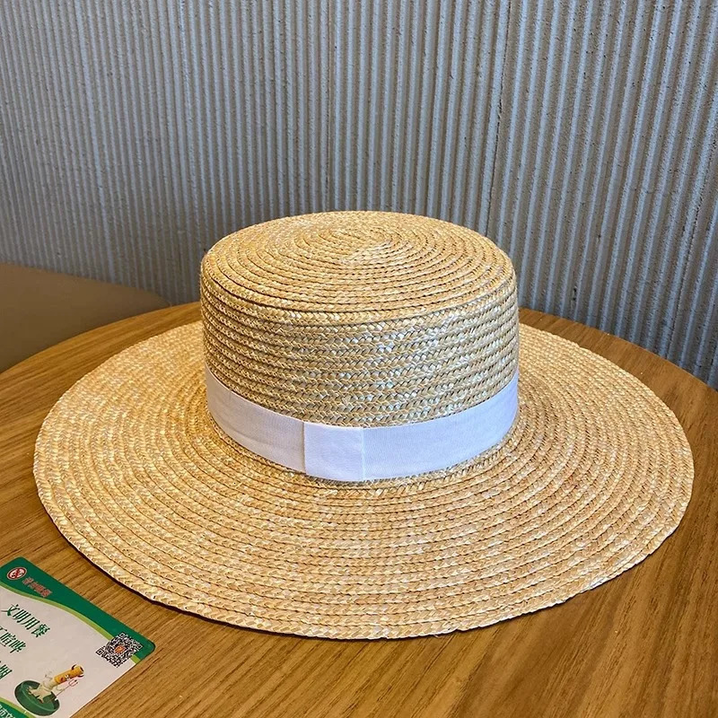 Boater Straw Hat wide brim French elegant square ribbon womens sun hat holiday straw hat 260327