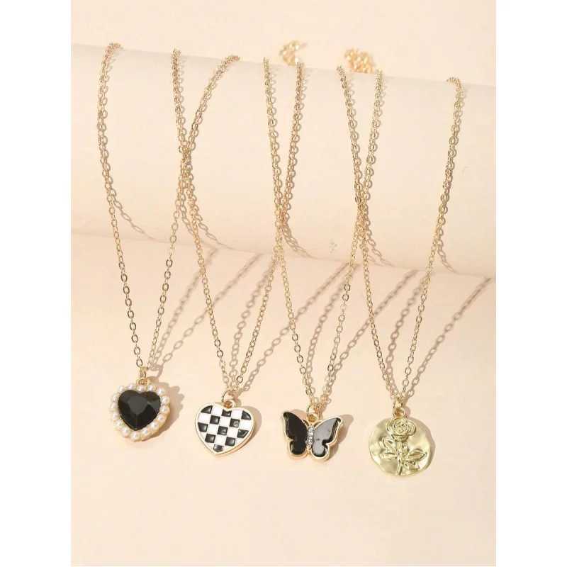 4pcs/Set Fashionable Heart Rose Flower Metallic Checkered Butterfly Alloy Pendant Necklace Set For Women H260406