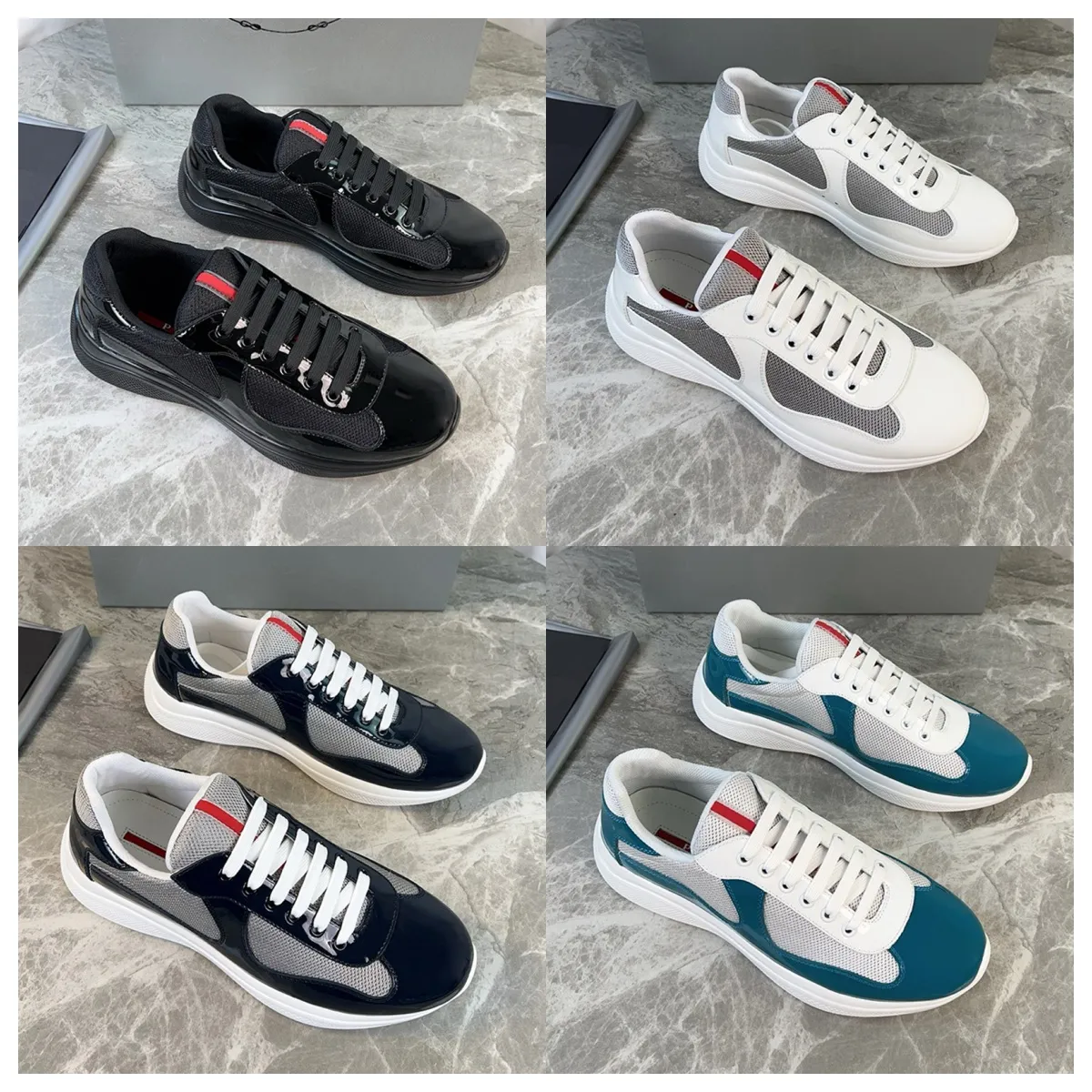P family designer shoes Americas cup Men Women sneaker patent leather round toe chunky shoes lace-up low cut casual shoes multi color Size 35-48 01