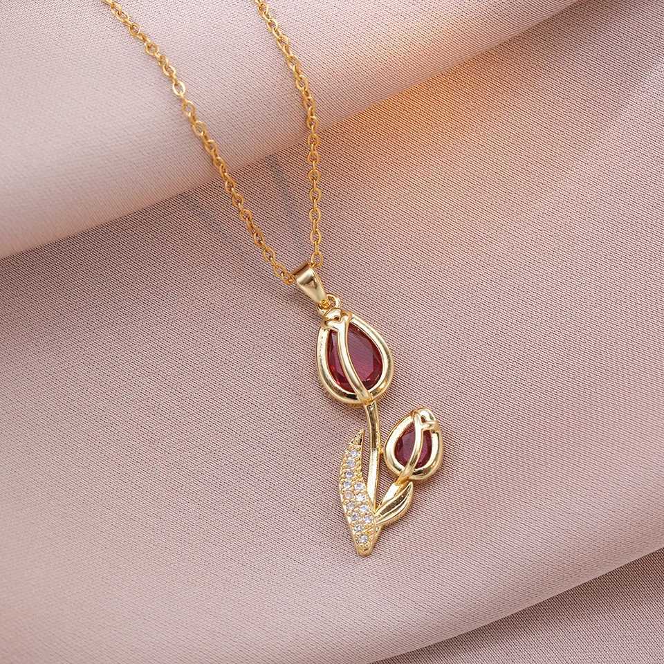 Elegant Enamel Tulip Flower Pendant Necklace for Women Girl Green Leaf Necklace Choker Party Jewelry Gift H260406