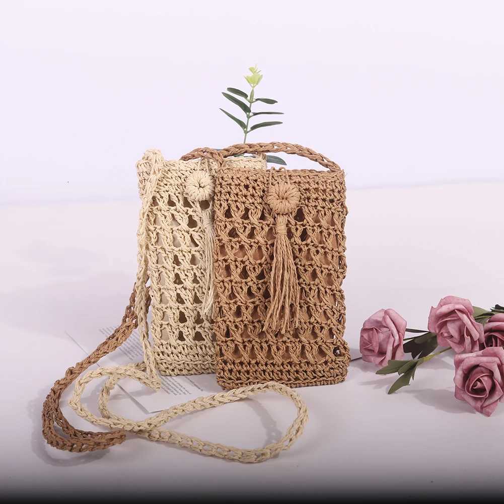 Ladies Vintage Rope Vacation Mini Phone Bag Female Straw Woven Shoulder Crossbody Bags Vacation Travel Shoulder Pouch C260406