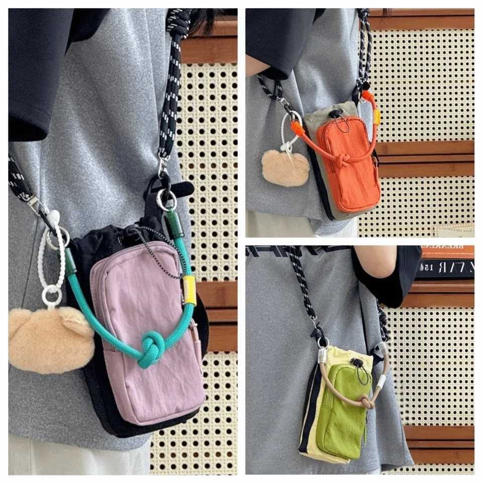 Sports Nylon Shoulder Bag Nylon Rope Coin Pouch Drawstring Crossbody Bag Korean Style Solid Color Mobile Phone Pack Outdoor C260406