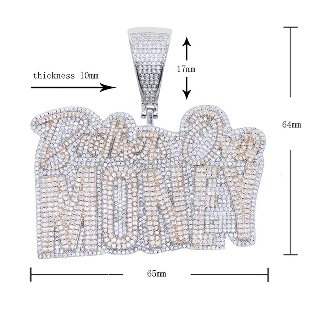 Hip Hop Brothers Over Money Pendant Necklace Gold Color Iced Out Bling CZ Cubic Zirconia Letters Charm Men Women Jewelry 260331