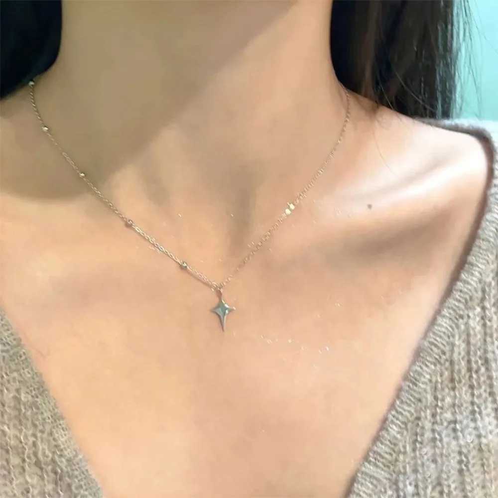Classic Simple Four-pointed Star Pendant Necklace for Women Temperament Trend Silver Color Stainless Steel Cross Chokers Jewelry H260406