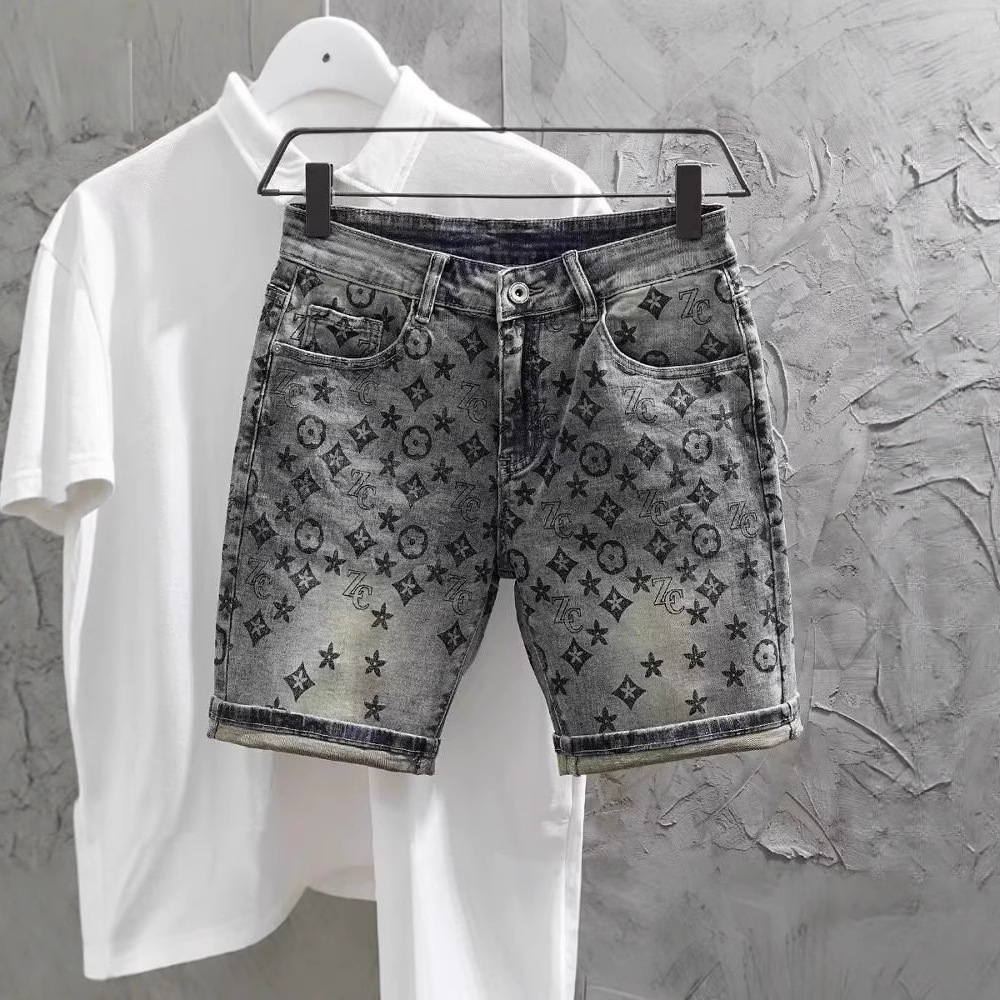 Luxury Brand Designer Clothes Summer High-End European-Style Printed Denim Shorts For Men, Slim-Fit, Korean-Style Trendy Mid-Length Pants