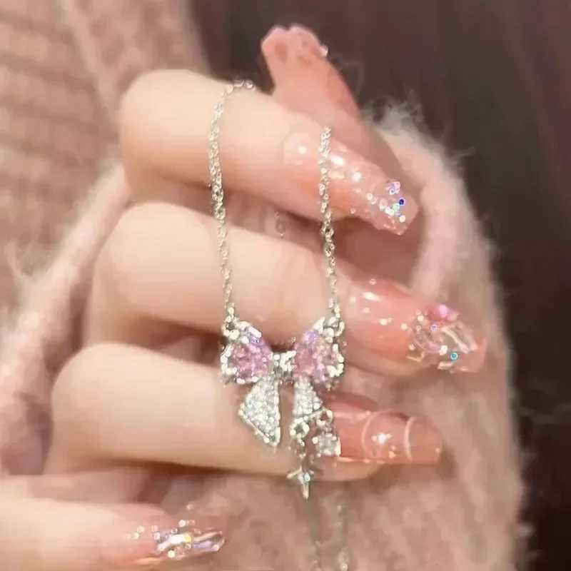 Fashion Fairy Pink Crystal Bow Knot Pendant Necklaces Y2K Girls Sweet Rhinestone Heart Clavicle Chain Women Jewelry Gifts H260406