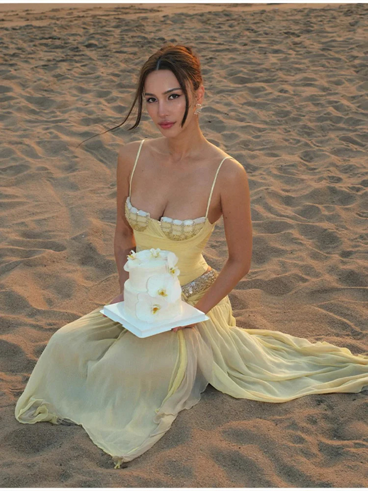 Boho Vacation Set Beaded Crop Top Rhinestone Chiffon Midi Skirt Women Beach Chic Dreamy Stylish Summer Female Outfits 260403